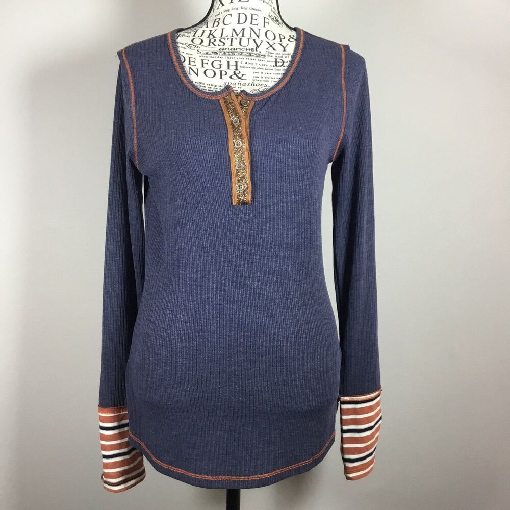Hem & Thread like new Henley blue with tan striped cuffs hiking cabincore sz S